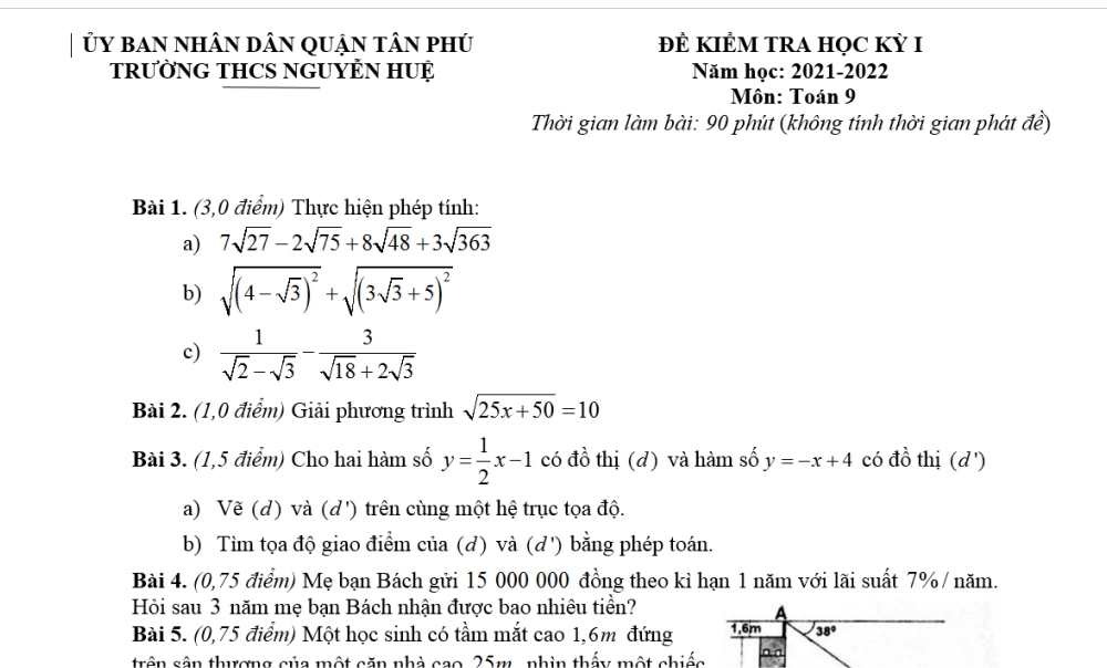 Toán 9: Đề kiểm tra cuối học kì 1. Trường THCS Nguyễn Huệ-Tân Phú năm học 2021-2022